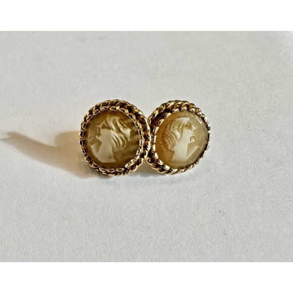Vintage 14K Yellow Gold Cameo Stud Earrings Elegant Profile Design 13mm, 3.54g - Picture 1 of 5